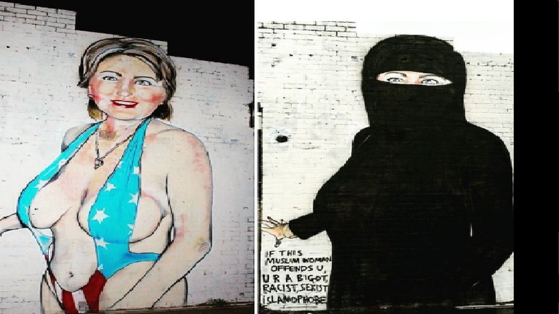 Critiqué pour son graffiti d'Hillary Clinton, un artiste lui fait porter le niqab (PHOTOS, VIDEOS)