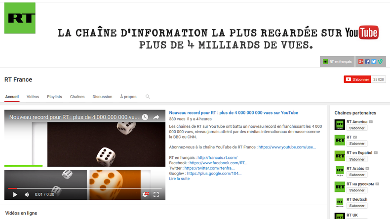 Nouveau record pour RT : plus de 4 000 000 000 vues sur YouTube