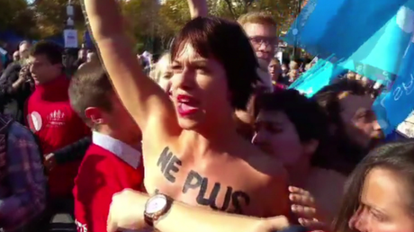 EN IMAGES : les Femen et leurs poitrines titillent la Manif pour tous à Paris 