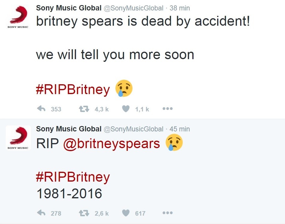Britney Spears décédée ? Le compte Twitter de Sony se fait pirater et la toile s'enflamme...  