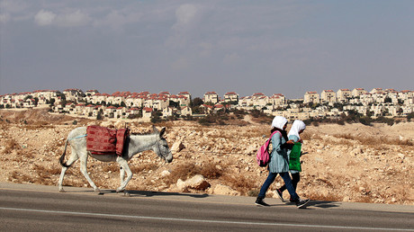 Deux écolières palestiniennes passent devant la colonie de Maale Adumim, en Cisjordanie, en 2013, photo ©Reuters/Ammar Awad