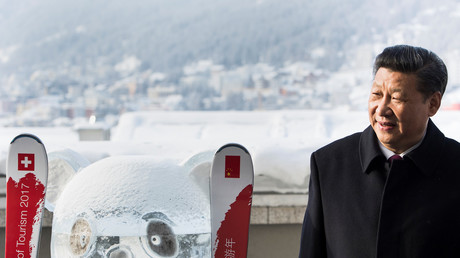 Le président chinois Xi Jinping à côté d'un panda de glace au forum économique de Davos.