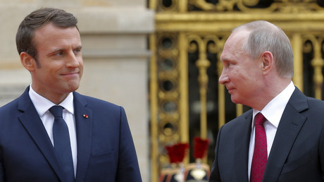 Emmanuel Macron et Vladimir Poutine à Versailles pendant la visite du président russe en France, le 29 mai 2017