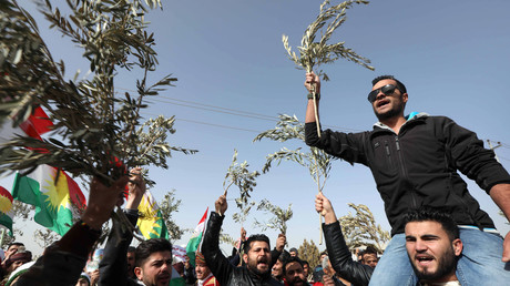 Des Kurdes syriens manifestant à Erbil, au Kurdistan irakien, contre l'opération militaire turque à Afrin, dirigée contre les YPG, le 23 janvier. 
