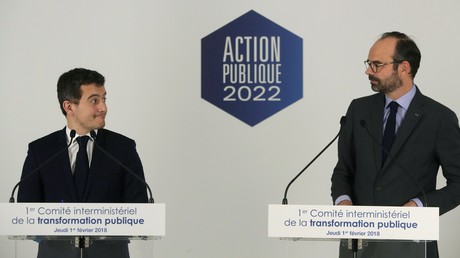 Gérald Darmanin et Edouard Philippe, en conférence de presse pour présenter le plan de transformation de la fonction publique
