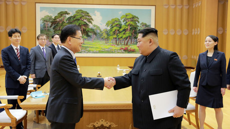 Rencontre historique entre Kim Jong-un et Chung Eui-yong chef du conseil de sécurité de la Corée du Sud, le 5 mars à Pyongyang