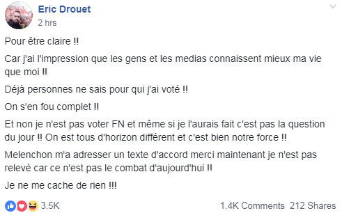 Non, Eric Drouet ne revendique pas avoir voté pour Marine Le Pen en 2017