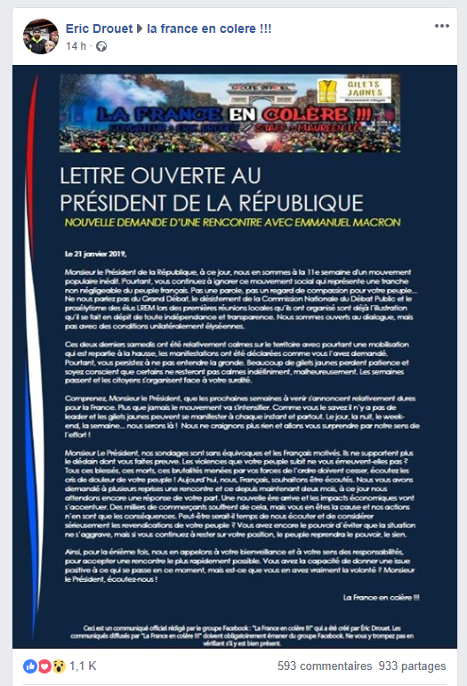 Drouet et son collectif dénoncent la «surdité» de Macron et demandent à être reçus à l'Elysée