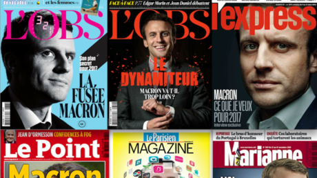 Montage photo de Unes de magazines consacrées à Emmanuel Macron en 2016.
