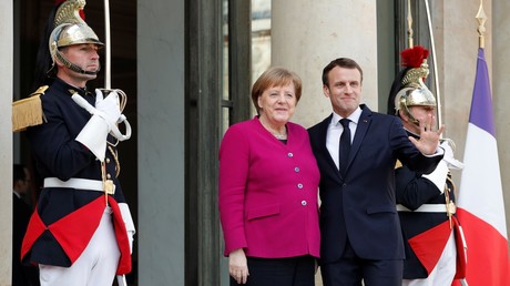 La chancelière allemande Angela Merkel à l'Elysée avec Emmanuel Macron, le matin du 26 mars 2019, avant leur réunion avec Jean-Claude Juncker et Xi Jinping.