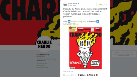 Charlie Hebdo fait sa une sur l'incendie de Notre-Dame de Paris et Emmanuel Macron