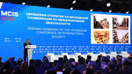 Le ministre russe de la Défense Sergueï Choïgou s'exprime lors de l'ouverture de la huitième conférence de Moscou sur la sécurité internationale, le 24 avril 2019. 