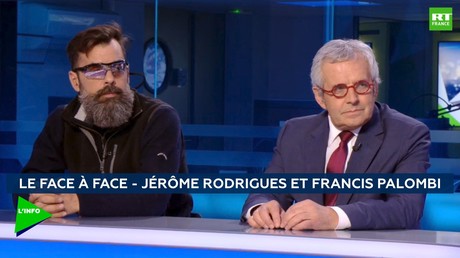 Le Gilet jaune Jérôme Rodrigues et le président des commerçants de France, Francis Palombi, sur le plateau de RT France.