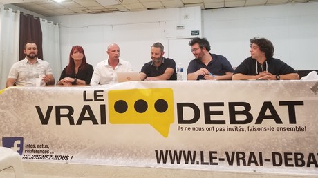 Conférence de presse du groupe «Le vrai débat», le 24 mai 2019, à Paris.
