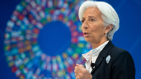 Christine Lagarde lors des réunions de printemps du FMI et de la Banque mondiale, au siège du Fonds monétaire international, à Washington, le 10 avril 2019, aux Etats-Unis (image d'illustration).