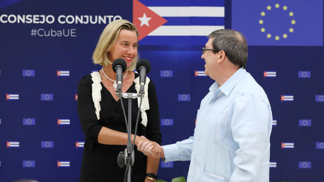 Le chef de la politique étrangère de l'Union européenne, Federica Mogherini, et le ministre cubain des Affaires étrangères, Bruno Rodriguez, après une conférence de presse conjointe à La Havane, à Cuba, le 9 septembre 2019.