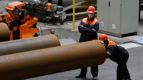 Production de tuyaux de grand diamètre pour le géant gazier russe Gazprom à l'usine de tuyaux de Zagorsk , près de Moscou, le 29 mai 2017 (image d'illustration).