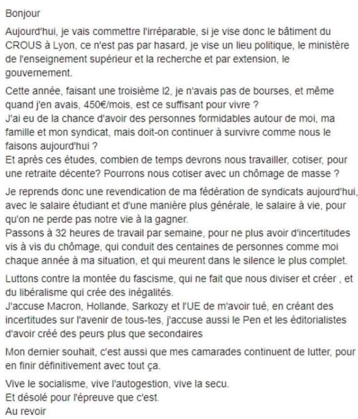 Accusant Macron et l'Union européenne, un étudiant en difficulté s'immole à Lyon