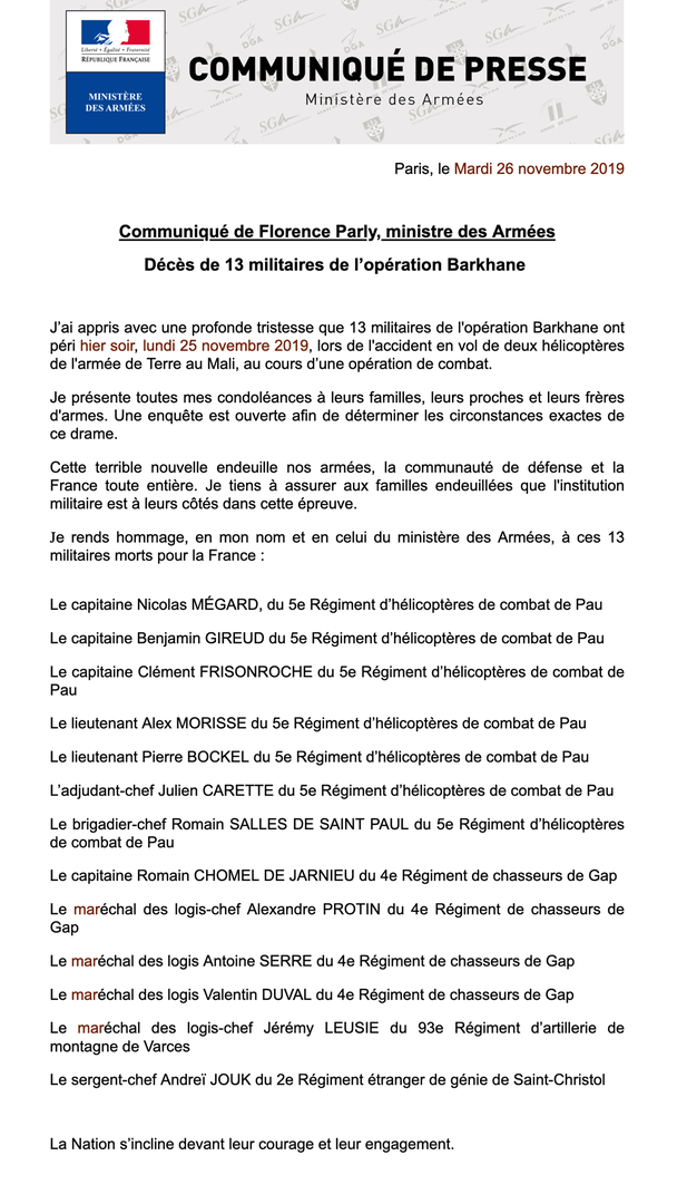 13 militaires français tués au Mali dans l'accident de deux hélicoptères