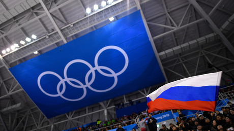 Un spectateur brandit le drapeau de la Russie durant un match de hockey sur glace lors des Jeux olympiques d'hiver de Pyeongchang, le 16 février 2018 (image d'illustration).