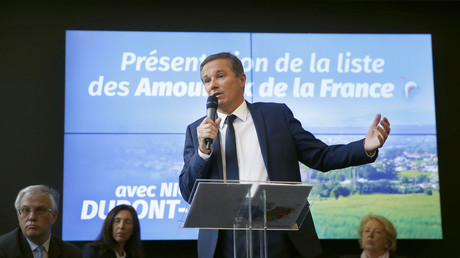 Nicolas Dupont-Aignan lors de la présentation de sa liste aux élections européennes, le 28 mars 2019.