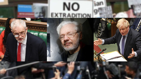 Montage. De gauche à droite : Jeremy Corbyn, Julian Assange, Boris Jonhson. (image d'illustration)