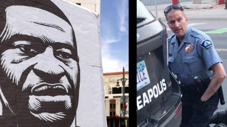 A gauche dessin de George Floyd, à droite le policier Derek Chauvin lors de l'interpellation tragique de George Floyd.