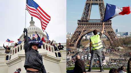 Montage : Manifestation pro-Trump à Washington, le 6 janvier 2021 / Manifestation des Gilets jaunes le 30 mars 2019 à Paris.
