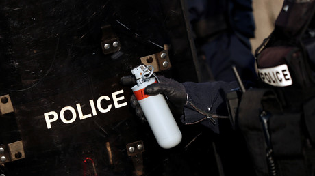 Un policier tient une grenade lacrymogène lors d'une manifestation des Gilets jaunes à Paris, le 16 février 2019 (image d'illustration).
