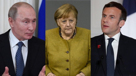 Montage photo : Vladimir Poutine, Angela Merkel et Emmanuel Macron