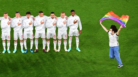 Un individu courant sur le terrain en brandissant un grand drapeau arc-en-ciel, pendant l'hymne hongrois, lors du match de l'Euro de football Allemagne-Hongrie à Munich le 23 juin.