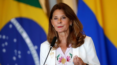 La vice-présidente et ministre colombienne des Affaires étrangères Marta Lucia Ramirez s'exprime lors d'une conférence de presse à Brasilia (Brésil), le 12 août 2021.