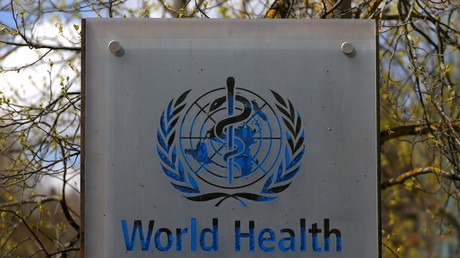 Le logo de l'Organisation mondiale de la santé à Genève, en Suisse, le 6 avril 2021.