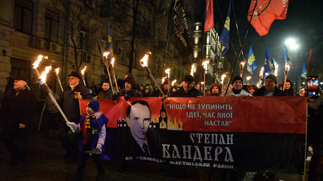La procession aux flambeaux en hommage à Stepan Bandera, à Kiev, le 1er janvier 2022.