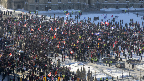 Des manifestants contre les restrictions sanitaires devant le parlement à Ottawa au Canada, le 29 janvier.