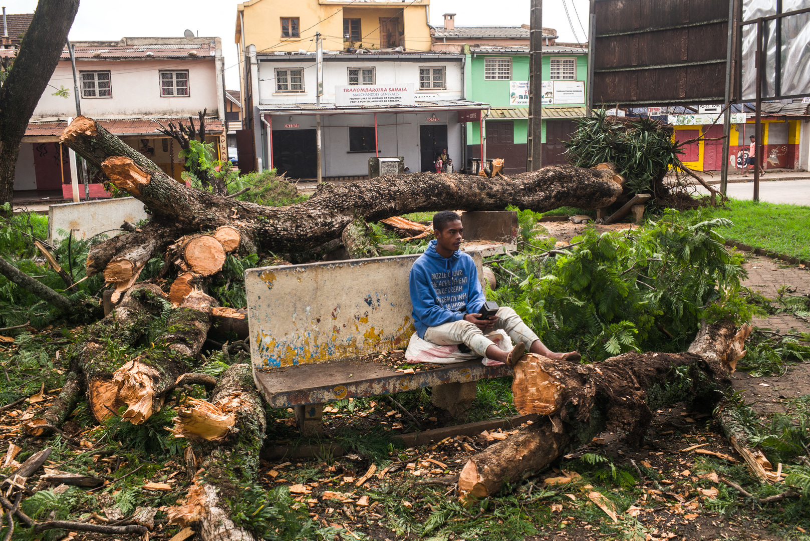 Un homme est assis sur un banc au milieu d'arbres déracinés et tombés sur un jardin public du centre d'Antsirabe suite au passage du cyclone Batsirai le 6 février 2022