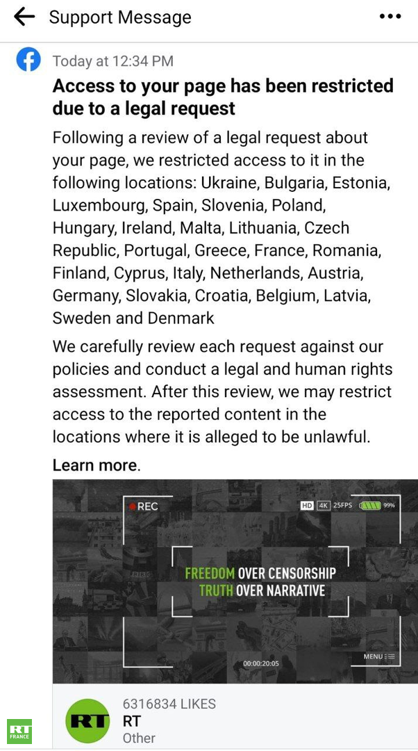 Les pages Facebook et Instagram de RT restreintes à travers l'Union européenne