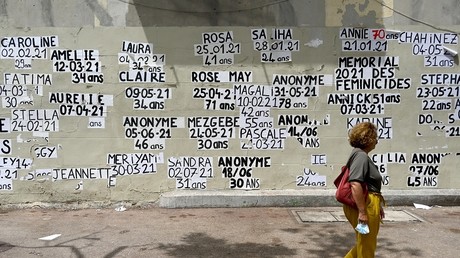 Un mur recouvert d'affiches recensant les féminicides