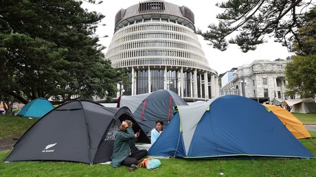 Des manifestants devant le Parlement néo-zélandais, le 11 février 2022