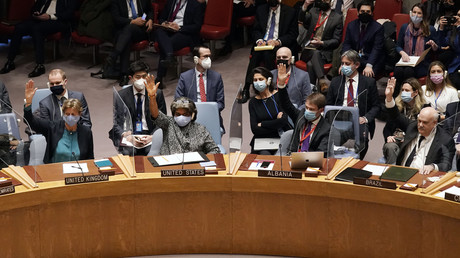 Le Conseil de sécurité de l'ONU avec, de gauche à droite, les représentants du Royaume-Uni, des Etats-Unis, de l'Albanie, et du Brésil, à New York, le 25 février 2022.