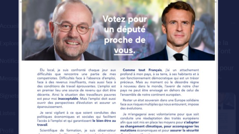 Capture d'écran du nouveau tract de campagne de Pascal Rifflart, candidat de Renaissance (anciennement LREM) dans la Somme.