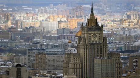 Vue aérienne du centre de Moscou, avec au premier plan le siège du ministère des Affaires étrangères de la Russie.