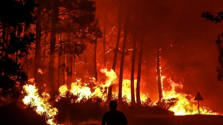 Une silhouette devant les flammes dans une forêt près de Belin-Béliet, en Gironde, dans la nuit du 11 août 2022 (image d'illustration).