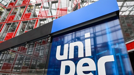 Logo du fournisseur d'énergie allemand Uniper dans le hall d'entrée du siège social de l'entreprise à Düsseldorf, en Allemagne de l'Ouest (illustration).