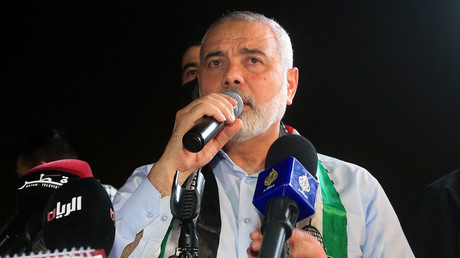 Ismaël Haniyeh, chef du bureau politique du Hamas, adresse en mai 2021 un discours de solidarité à Gaza à la sortie de la mosquée Imam Abdul Wahhab au Qatar (image d'illustration).