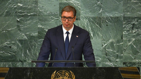 Le président serbe Aleksandar Vucic s'adresse à la 77e session de l'Assemblée générale des Nations unies au siège de l'ONU à New York, le 21 septembre 2022.