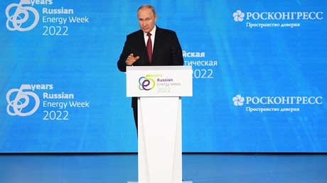 Le président russe Vladimir Poutine s'adresse à une session plénière du forum de la Semaine russe de l'énergie à Moscou, le 12 octobre 2022.