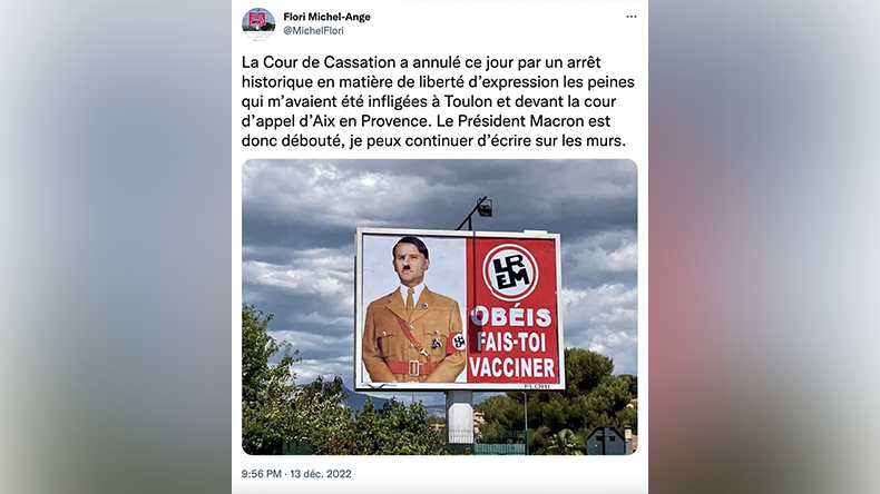 Condamnation annulée en cassation pour l'afficheur varois qui avait grimé Macron en Hitler