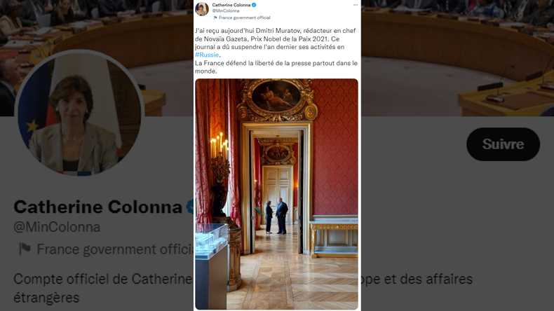 Message posté sur Twitter par la ministre française des Affaires étrangères, le 14 décembre 2022.