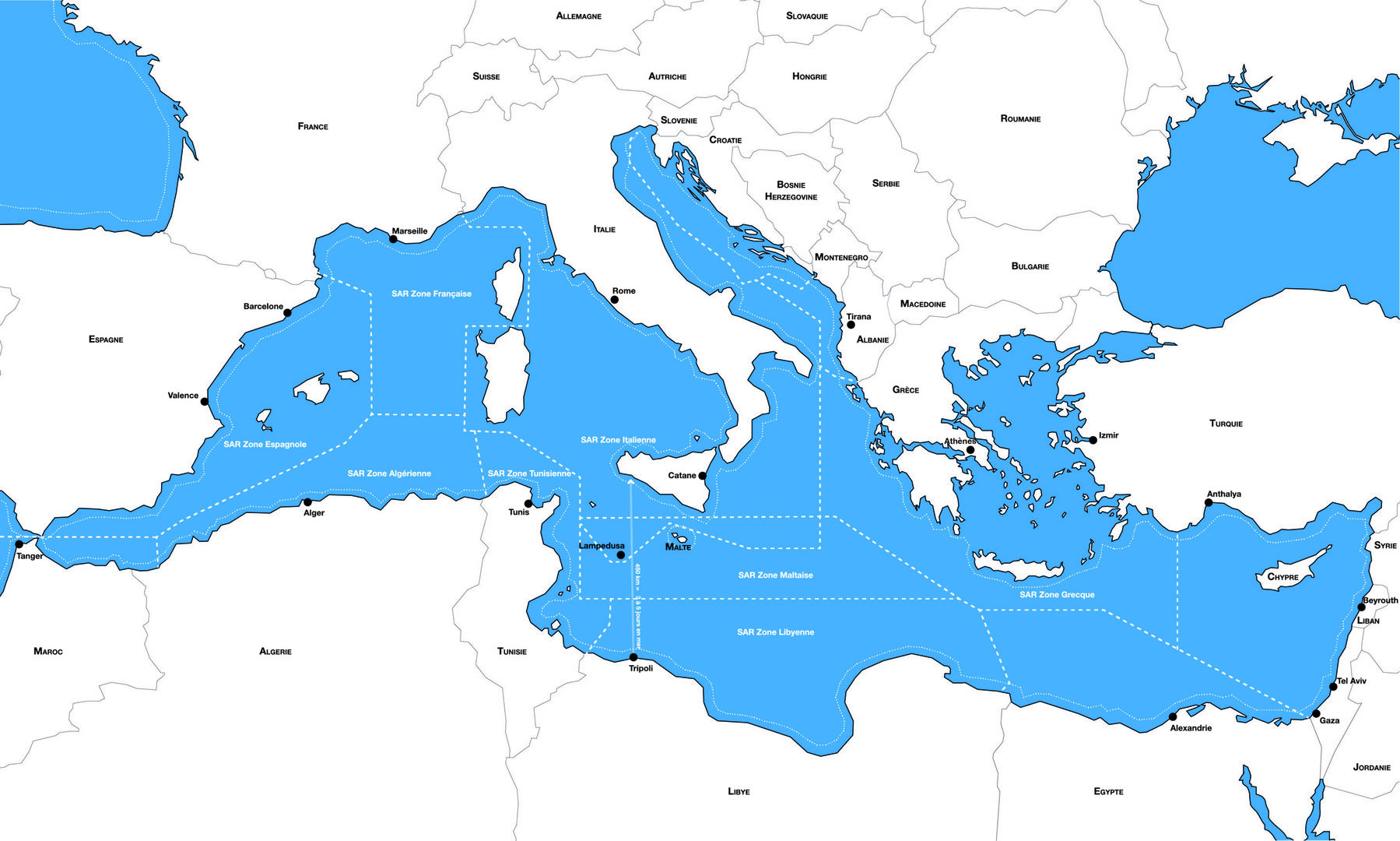 Carte de la mer Méditerranée représentant les différentes zones d'intervention en fonction des autorités compétentes.